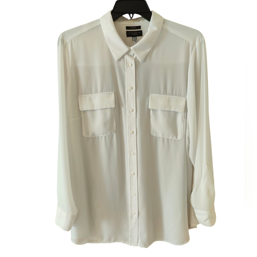 Investments Olivia Point Collar Long Roll-Tab Sleeve Button Front Utility Blouse